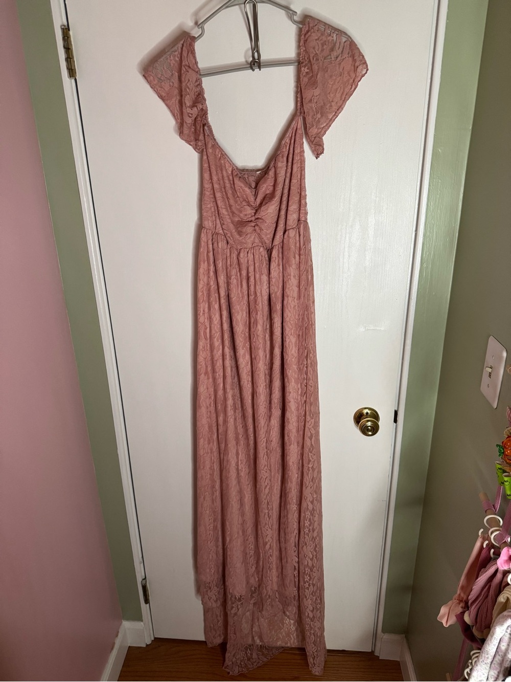 Women's Maternity Dusty Rose Lace Off the Shoulder Maxi Dress